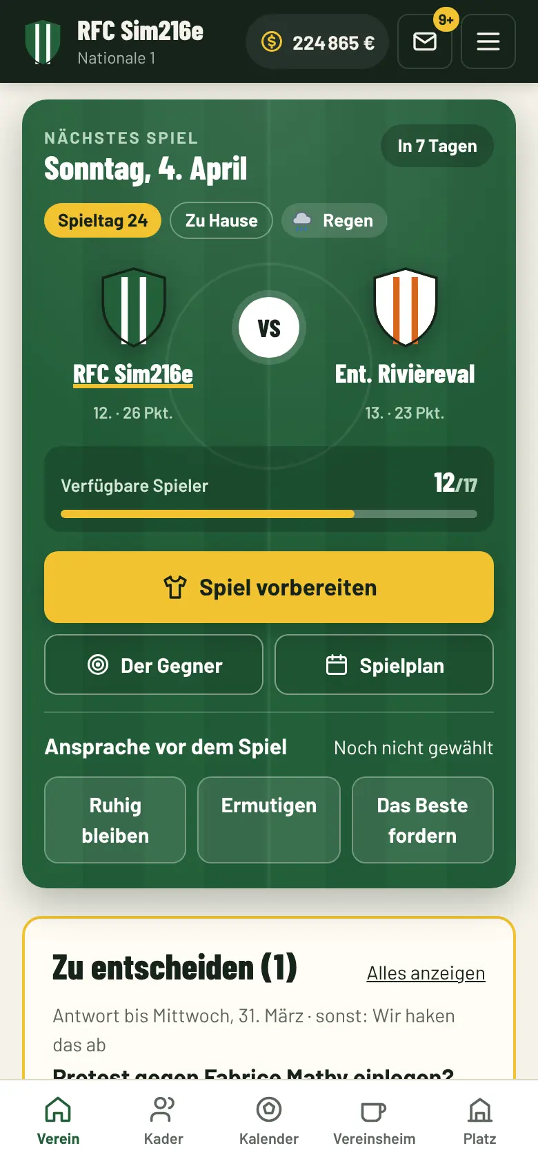 Vereinsseite: Karte des nächsten Spiels mit beiden Wappen, Wetter, verfügbaren Spielern und Ansprache