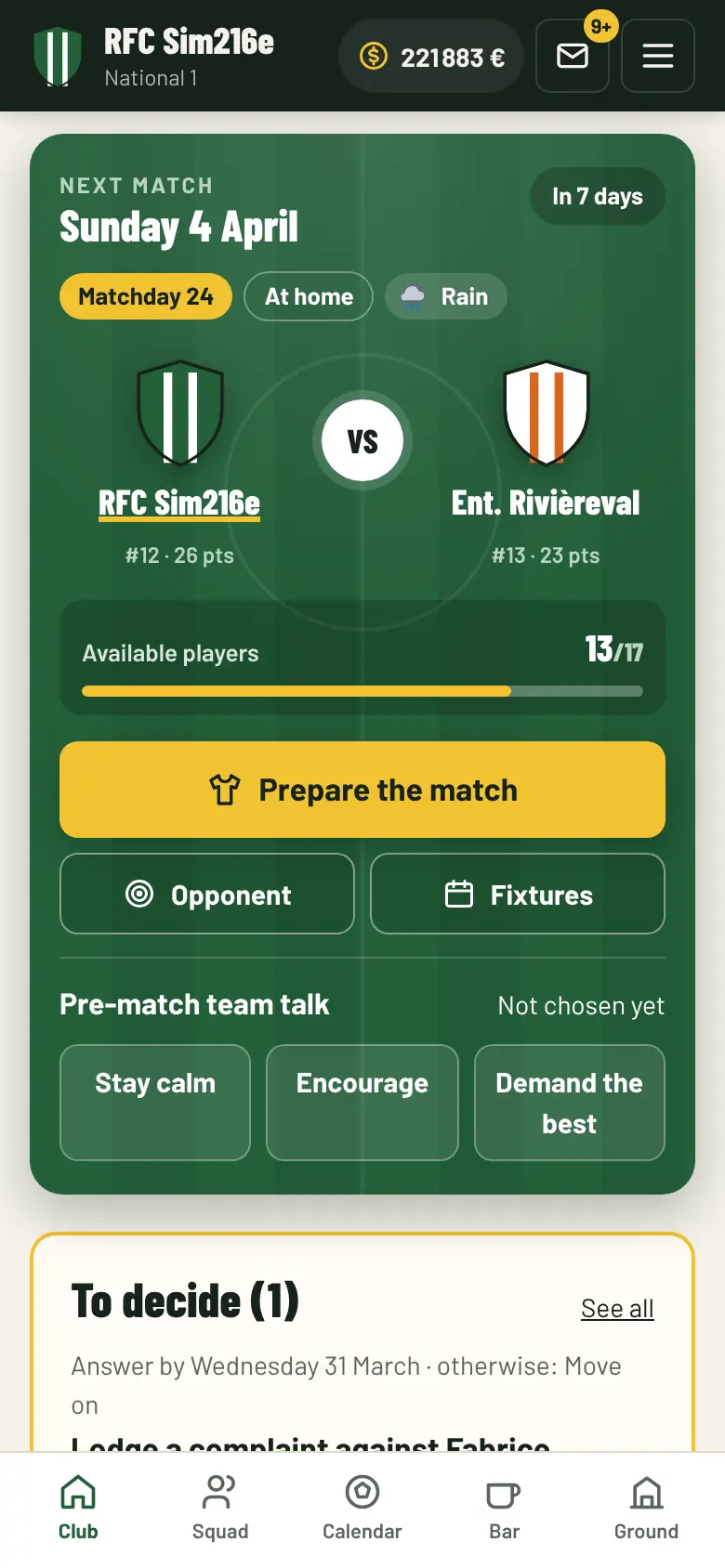 Club page: next-match card with both crests, the weather, available players and the team talk