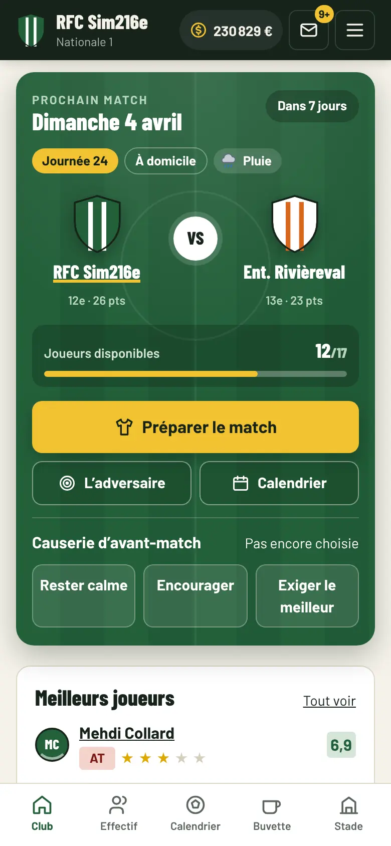 Page du club : carte du prochain match avec les deux blasons, la météo, les joueurs disponibles et la causerie