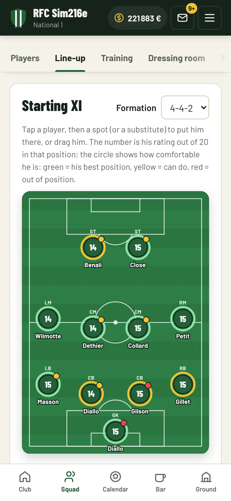 Line-up: top-down view of the pitch with the starting eleven in a 4-4-2