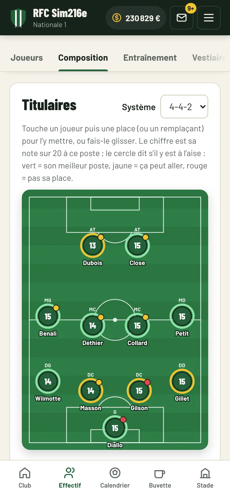 Composition : terrain vu de haut avec les onze titulaires en 4-4-2