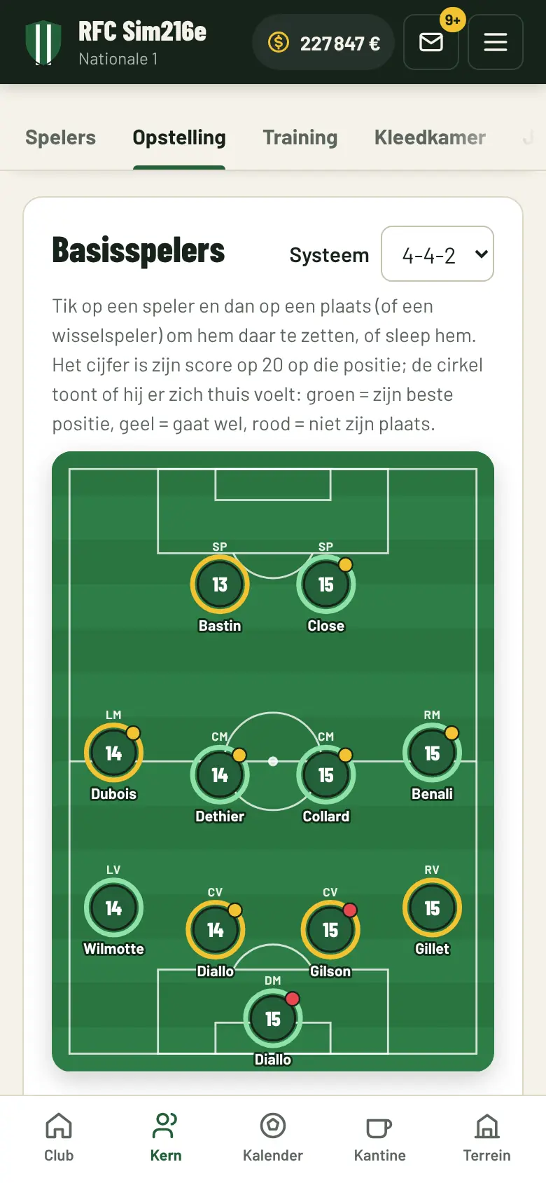 Opstelling: veld van bovenaf met de elf basisspelers in 4-4-2
