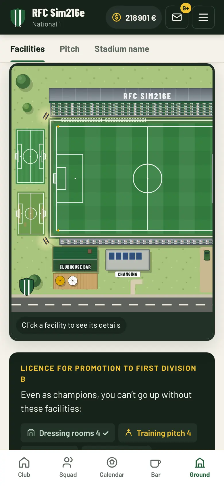 View of the ground: pitch, covered stand, training pitches, clubhouse bar and dressing rooms